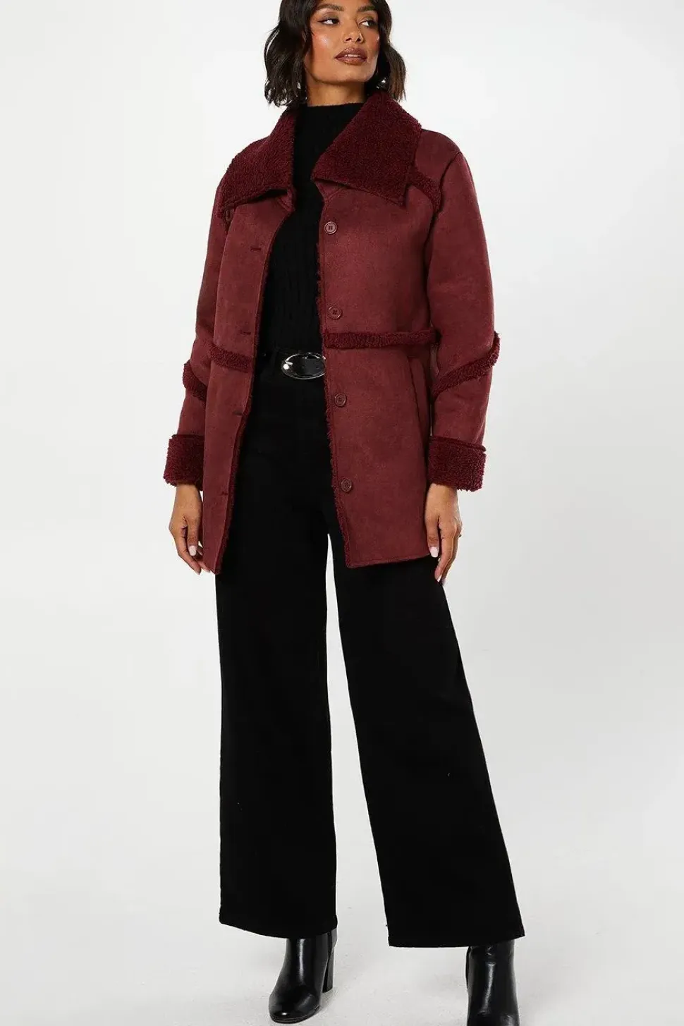 Suede Shearling Longline Coat