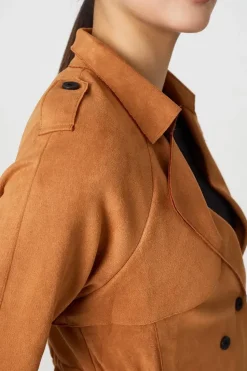 Suede Texture 3/4 Sleeve Cropped Trench Coat