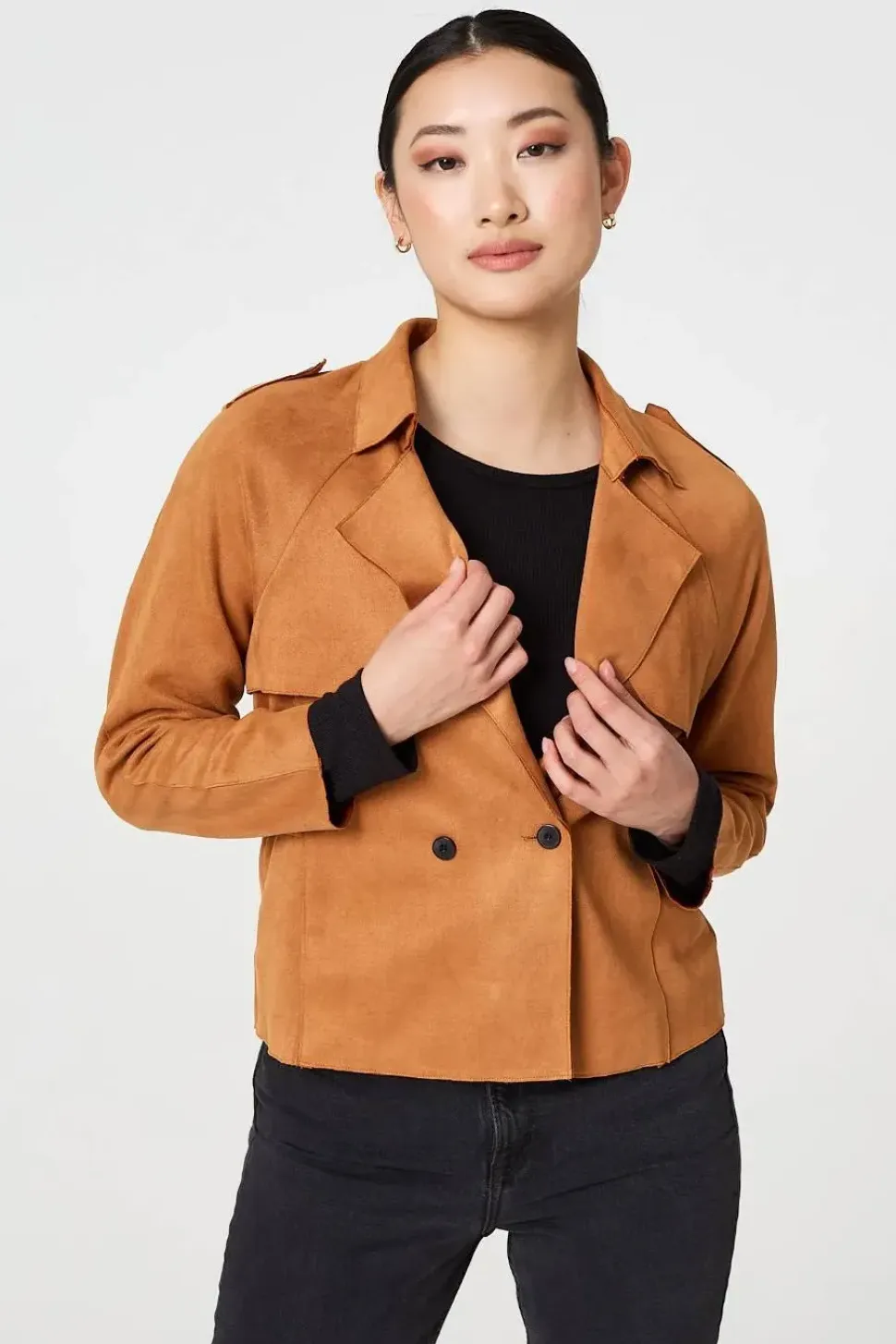 Suede Texture 3/4 Sleeve Cropped Trench Coat