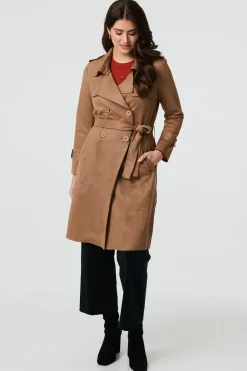 Suede Tie Waist Button Front Trench Coat