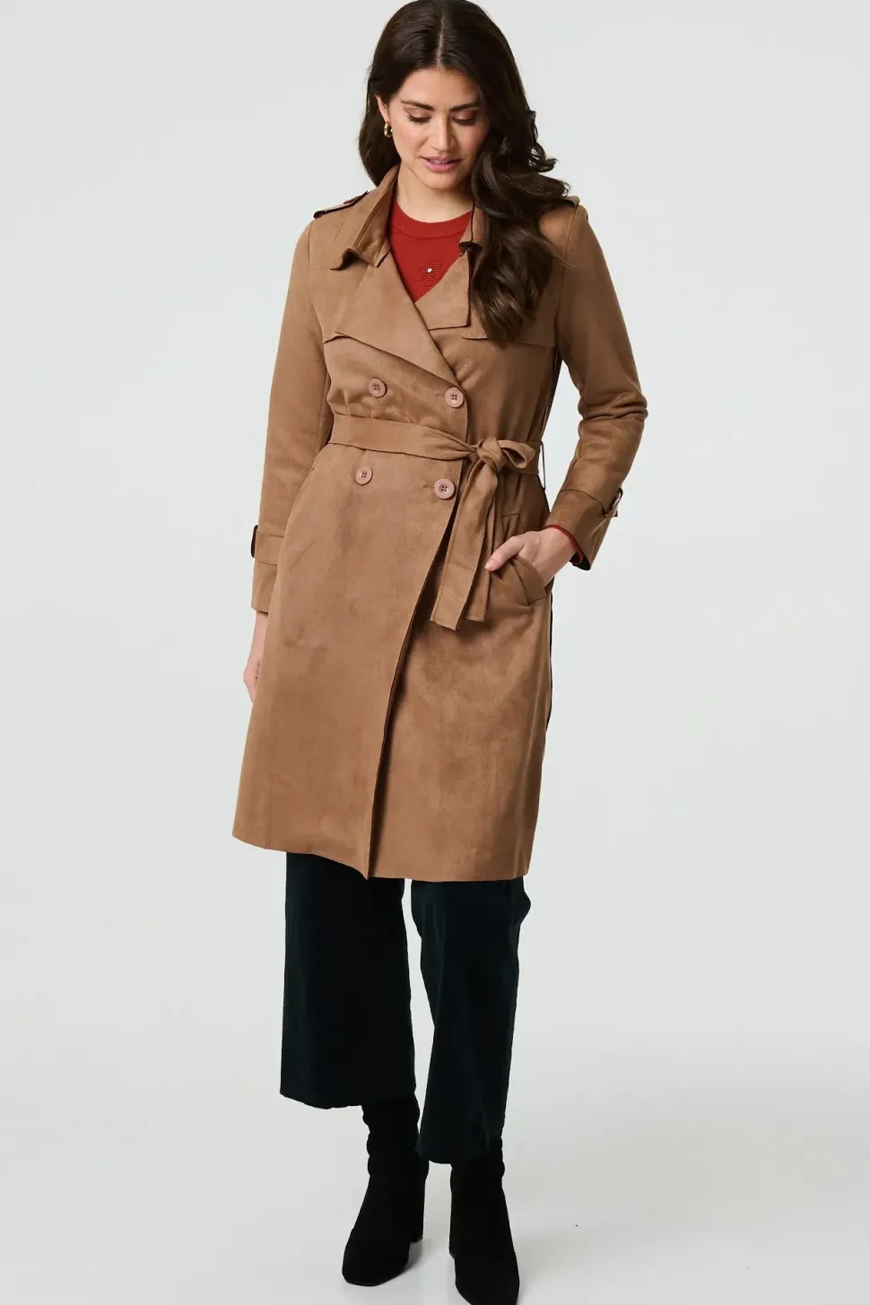 Suede Tie Waist Button Front Trench Coat