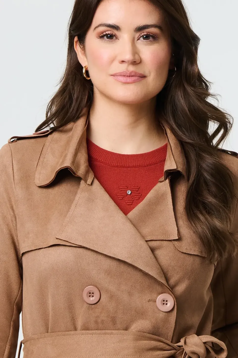 Suede Tie Waist Button Front Trench Coat