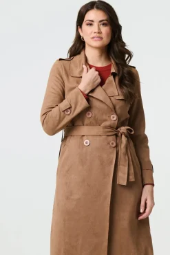 Suede Tie Waist Button Front Trench Coat