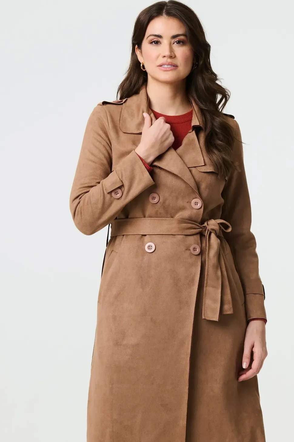 Suede Tie Waist Button Front Trench Coat