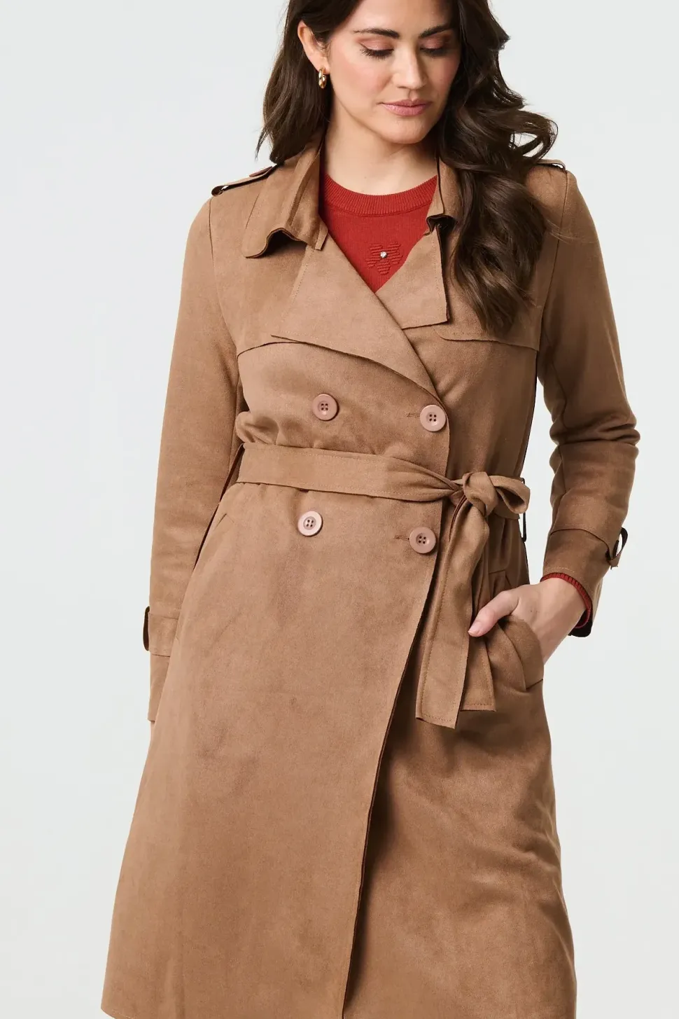 Suede Tie Waist Button Front Trench Coat