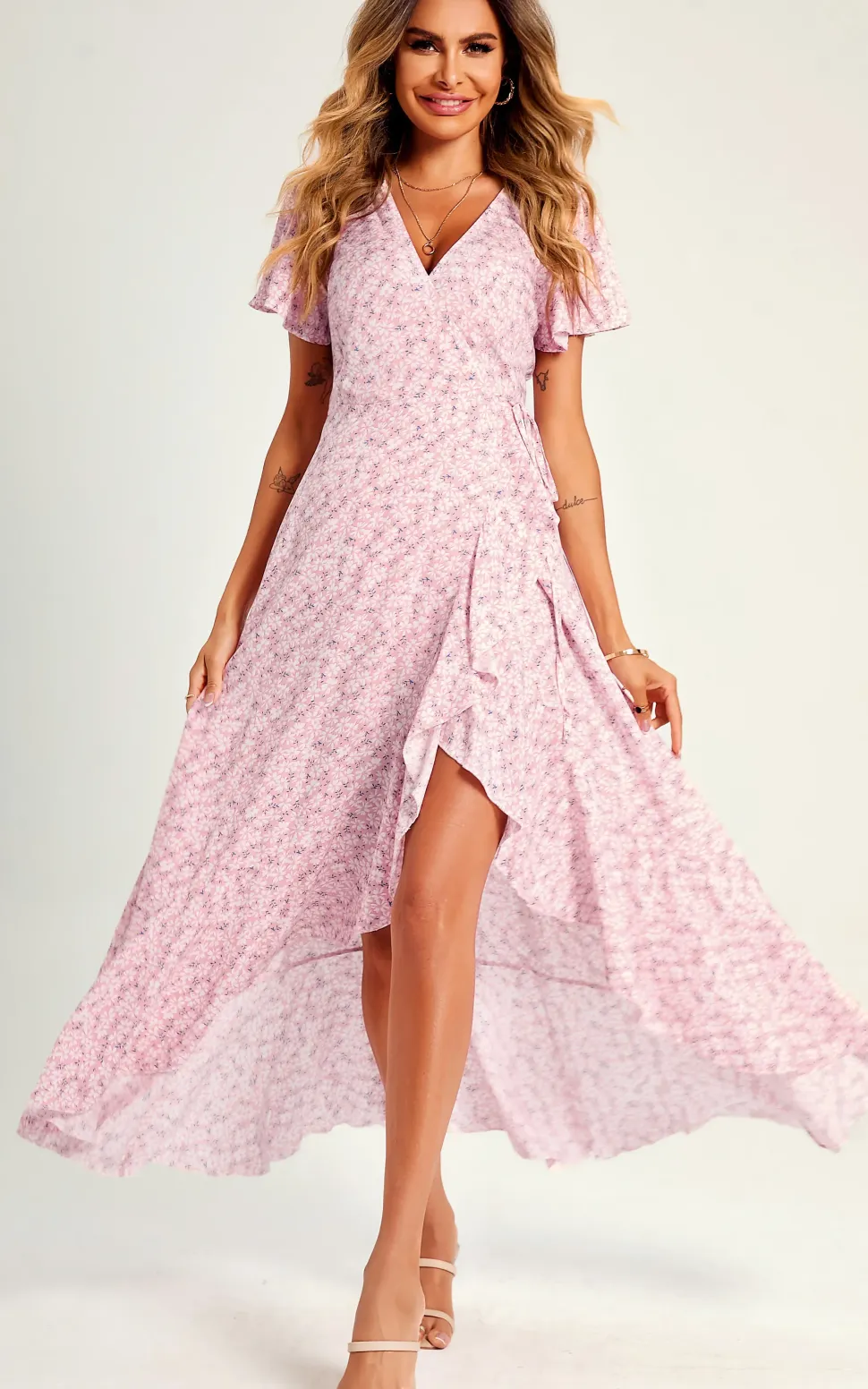 Summer Floral Print Hem Wrap Midi Dress In Pink