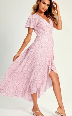 Summer Floral Print Hem Wrap Midi Dress In Pink