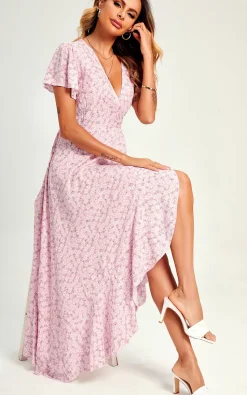 Summer Floral Print Hem Wrap Midi Dress In Pink