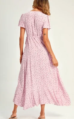 Summer Floral Print Hem Wrap Midi Dress In Pink