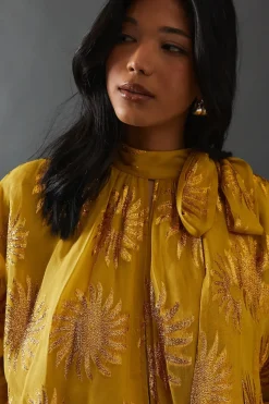 Sun Metallic Jacquard Wrap Front Blouse Top With Tie Neck