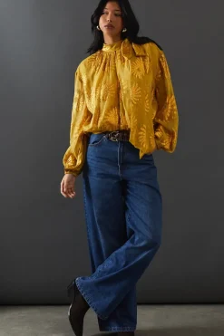 Sun Metallic Jacquard Wrap Front Blouse Top With Tie Neck