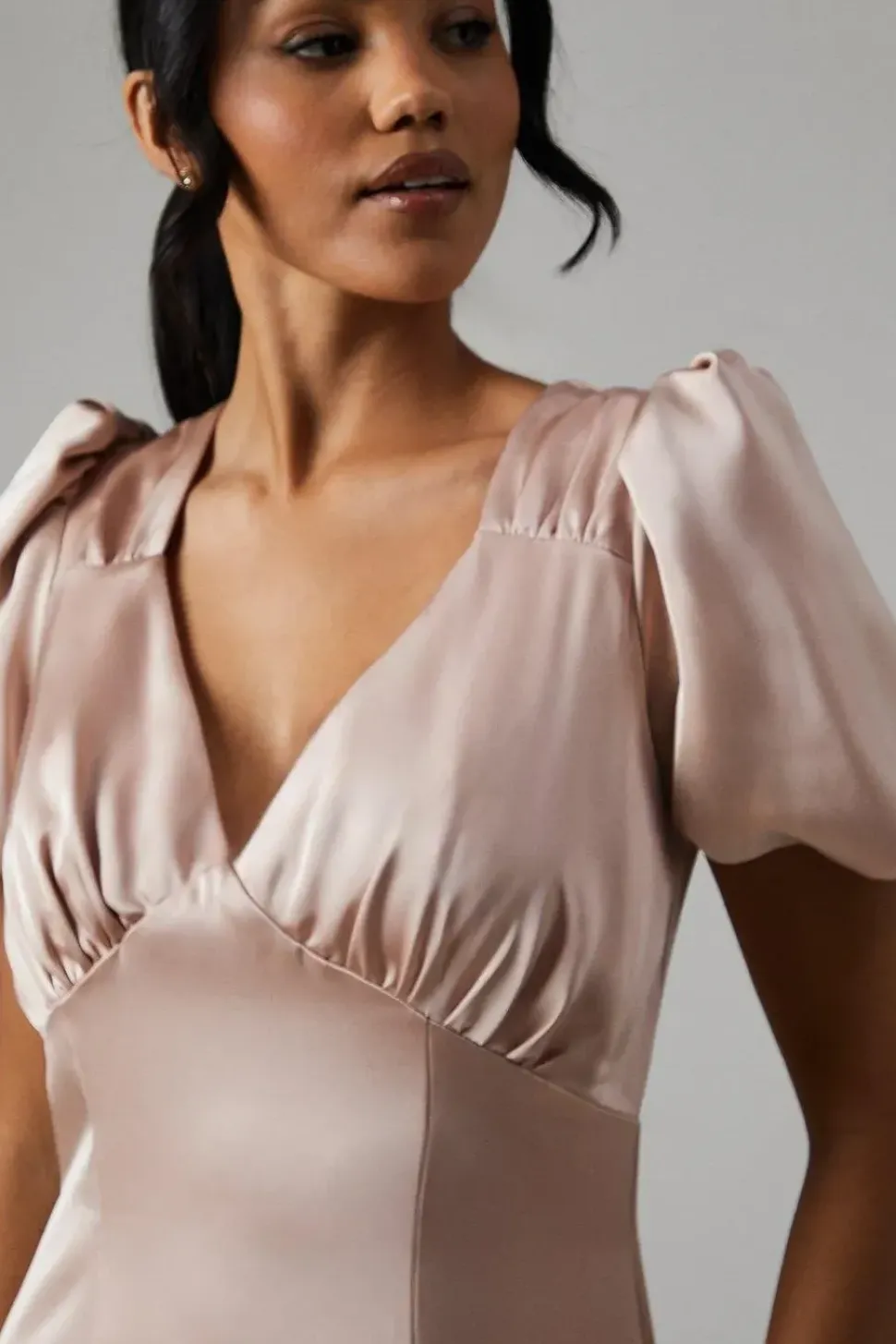 Sweetheart Neckline Puff Sleeve Satin Bridesmaid Maxi Dress
