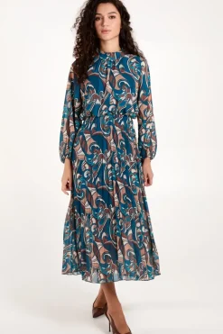 Swirl Print High Neck Blouson Pleated Dress