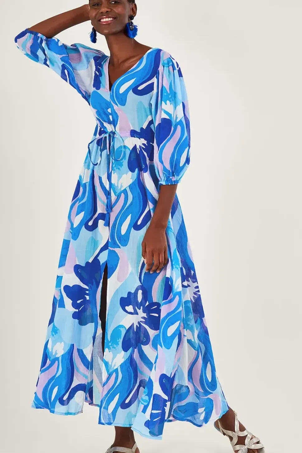 Swirl Print Puff Sleeve Maxi Dress