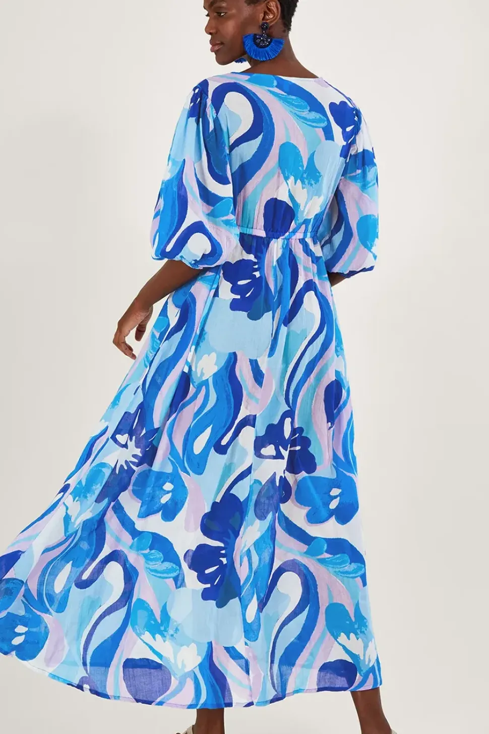 Swirl Print Puff Sleeve Maxi Dress
