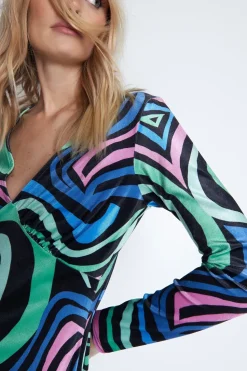Swirl Print Velvet Plunge Neck Midi Dress