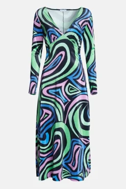 Swirl Print Velvet Plunge Neck Midi Dress