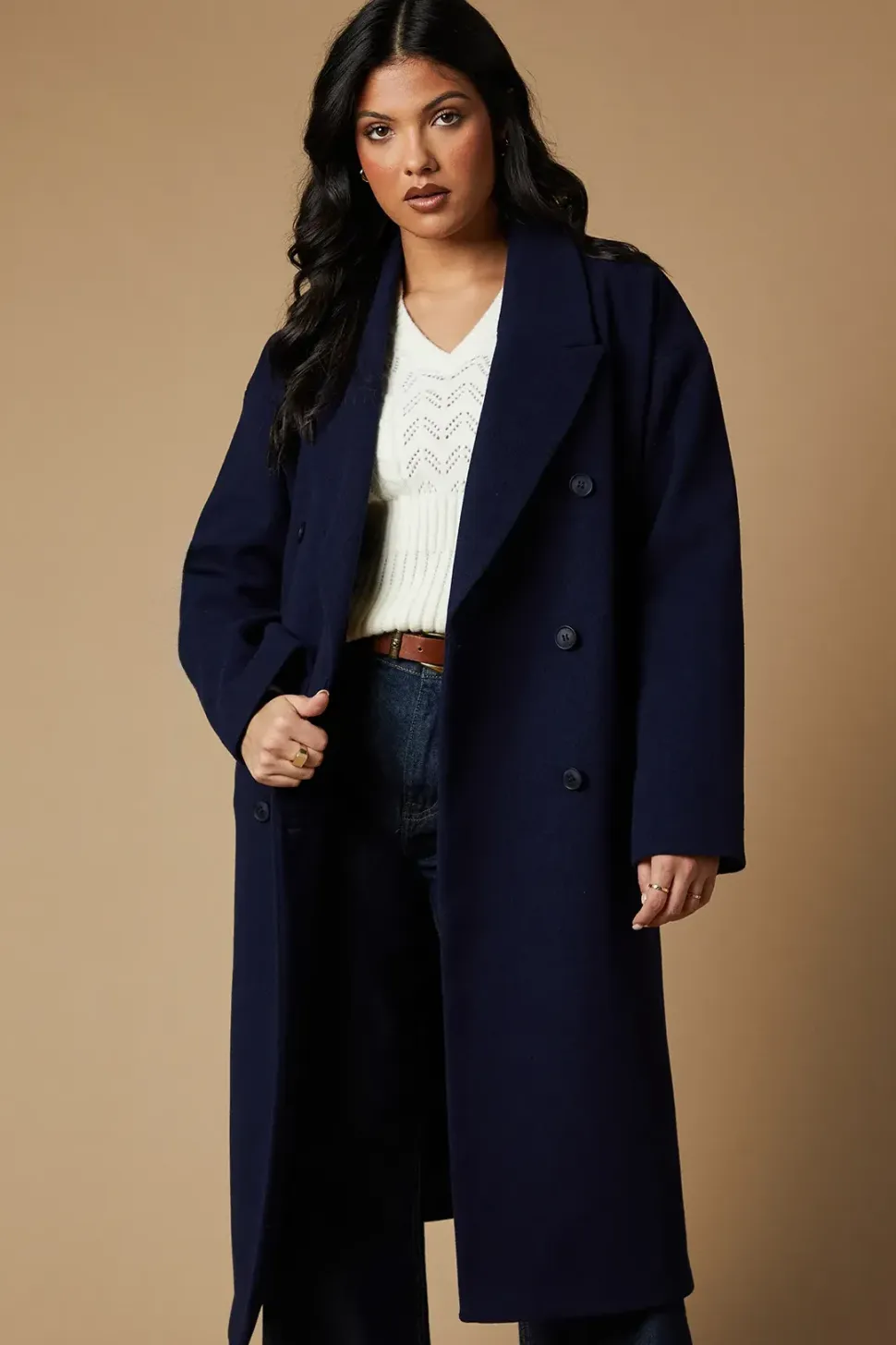 Tab Back Detail Faux Wool Double Breasted Midi Coat