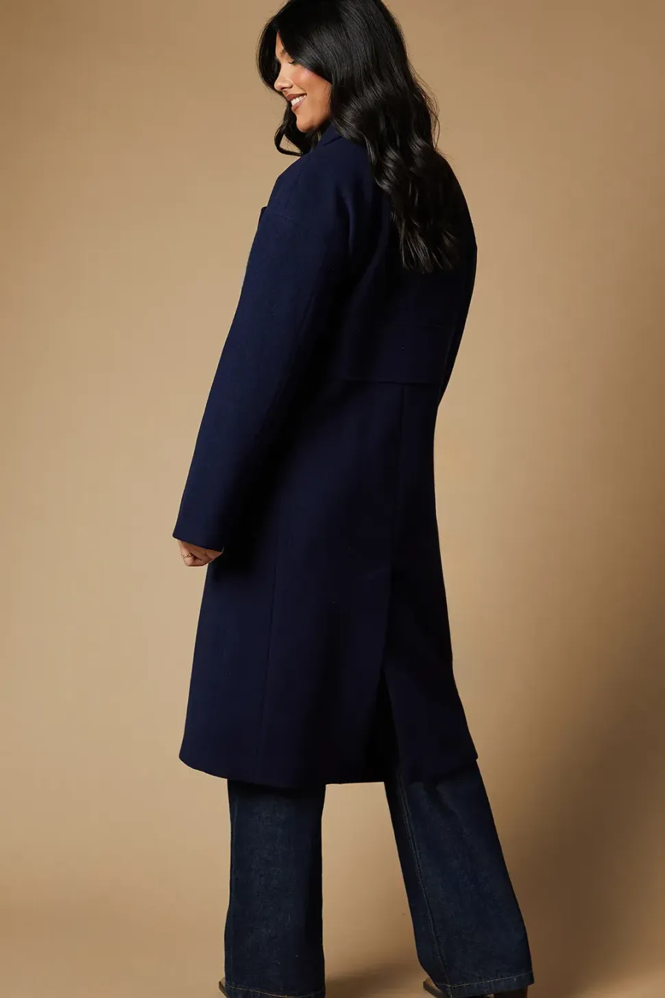 Tab Back Detail Faux Wool Double Breasted Midi Coat