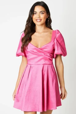 Taffeta Bow Back Puff Sleeve Mini Dress