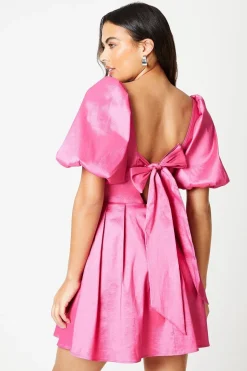 Taffeta Bow Back Puff Sleeve Mini Dress