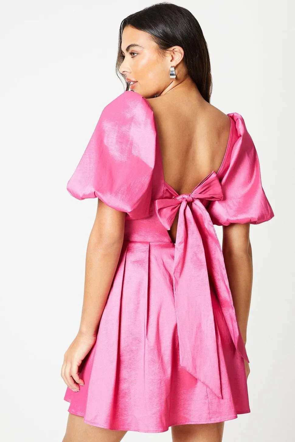 Taffeta Bow Back Puff Sleeve Mini Dress