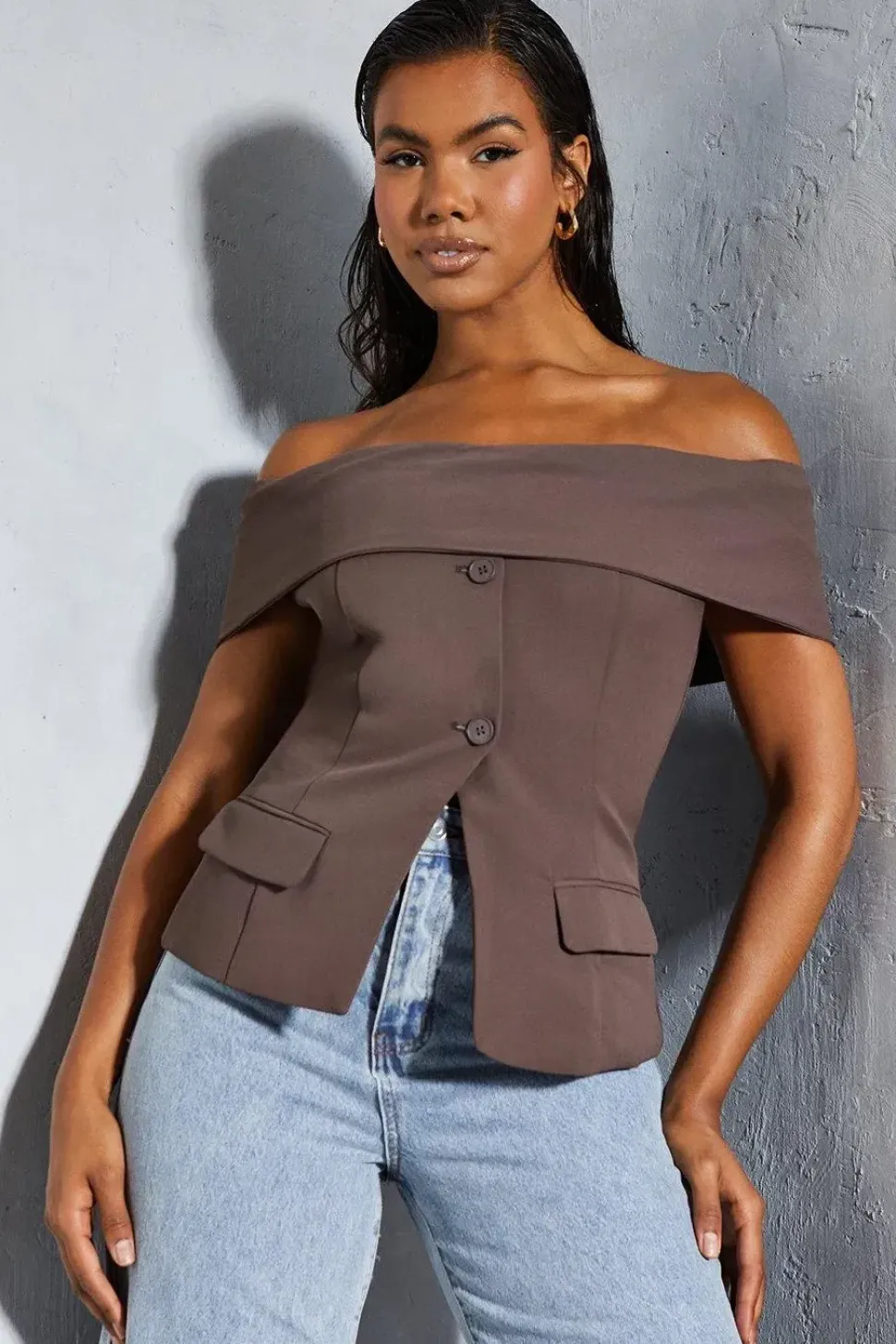 Tailored Bardot Sleeveless Blazer Top