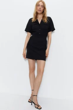 Tailored Utility Detail Mini Shirt Dress