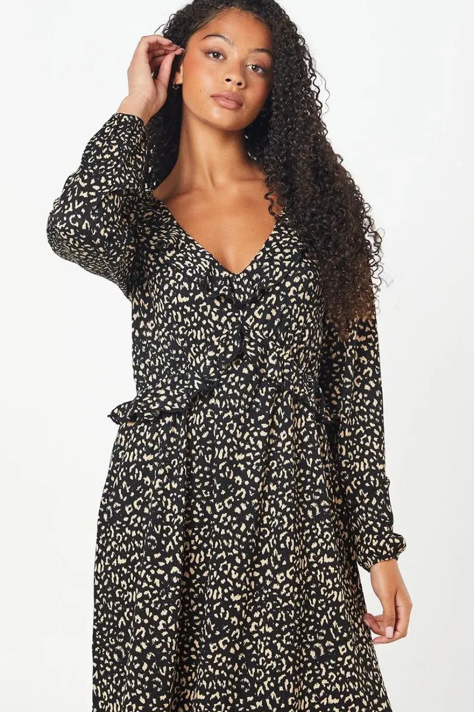 Tall Animal Print Ruffle Front Midi Dress
