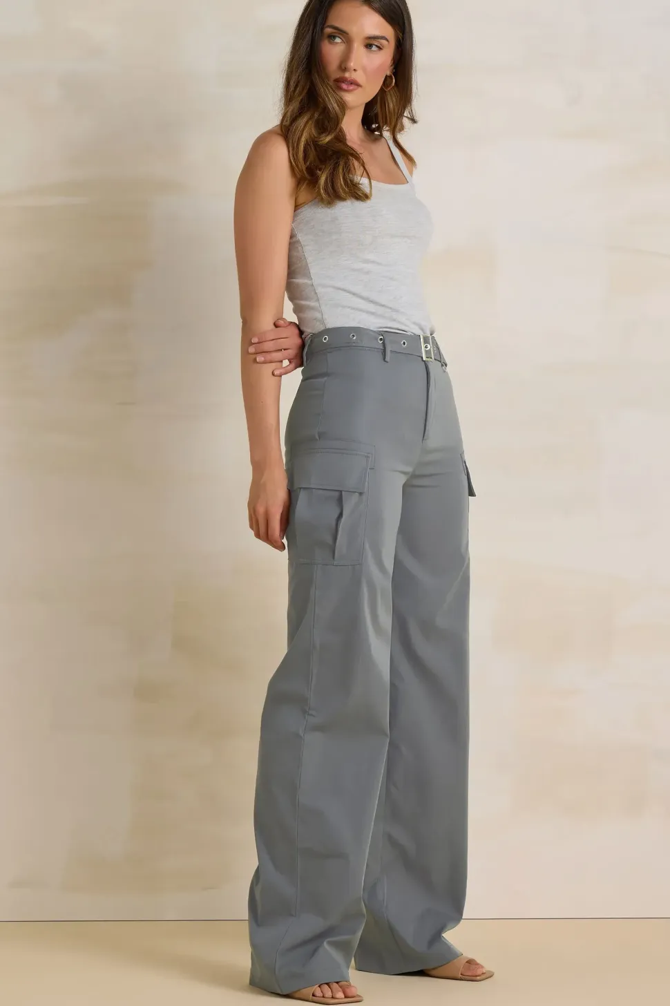 Tall Belted Wide Leg Cargo Trousers