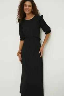 Tall Black Ruffle Shoulder Midi Dress