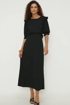 Tall Black Ruffle Shoulder Midi Dress