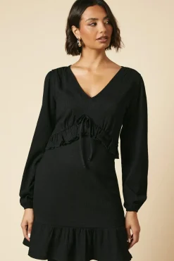 Tall Black Tie Front Ruffle Bust Long Sleeve Mini Dress