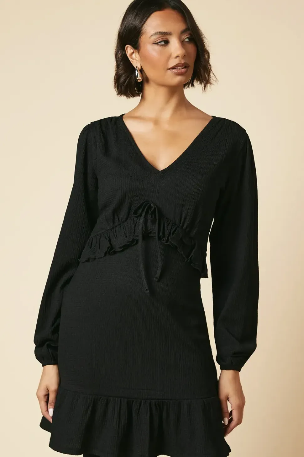 Tall Black Tie Front Ruffle Bust Long Sleeve Mini Dress