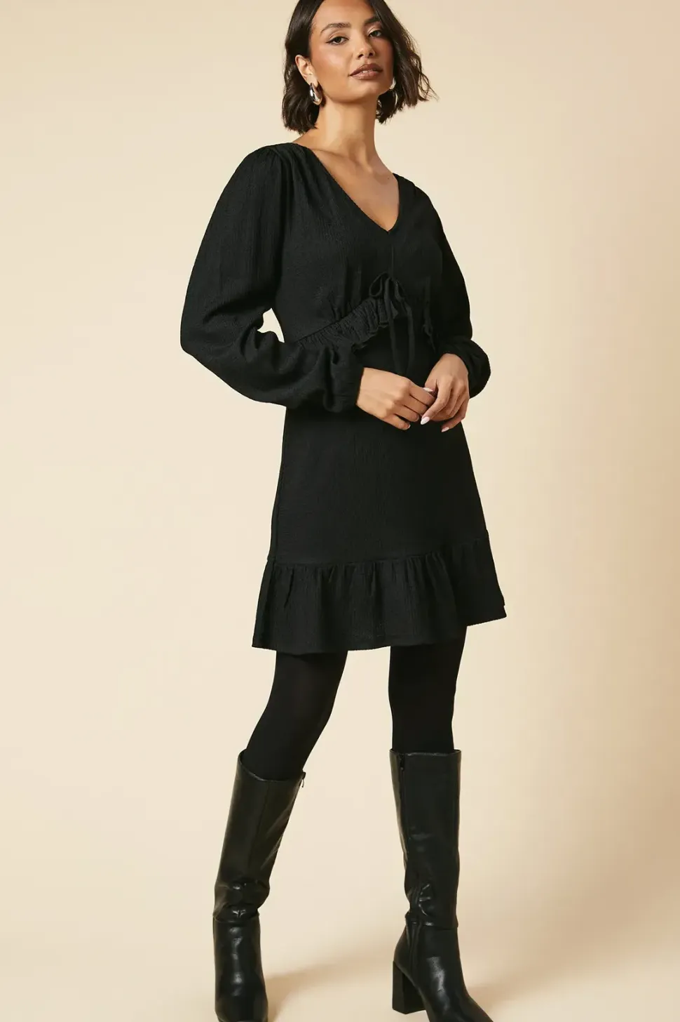 Tall Black Tie Front Ruffle Bust Long Sleeve Mini Dress