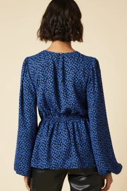 Tall Blue Blurred Spot Floral Tea Blouse