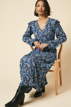 Tall Blue ditsy floral Frill Shoulder Shirred Waist Long Sleeve Midi Dress