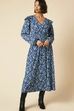 Tall Blue ditsy floral Frill Shoulder Shirred Waist Long Sleeve Midi Dress