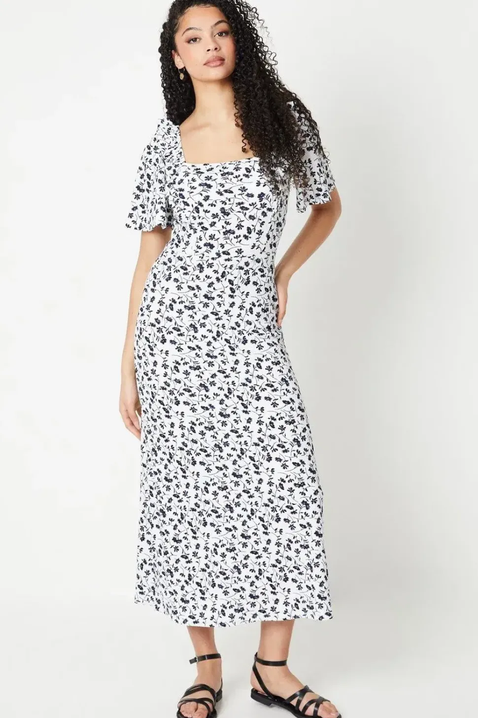 Tall Blue Ditsy Frill Detail Flutter Sleeve Midi Dress