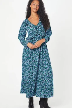 Tall Blue Ditsy Ruffle Front Midi Dress