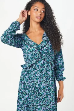 Tall Blue Ditsy Ruffle Front Midi Dress