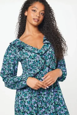 Tall Blue Ditsy Ruffle Front Midi Dress