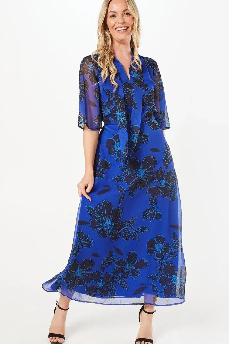 Tall Blue Floral Tie Neck Midi Dress