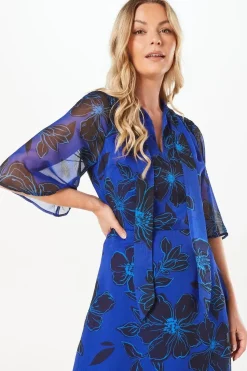 Tall Blue Floral Tie Neck Midi Dress