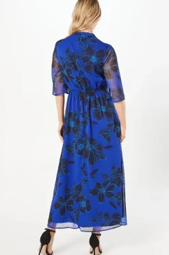 Tall Blue Floral Tie Neck Midi Dress