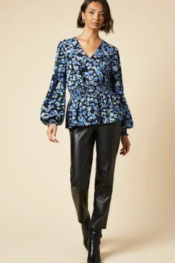 Tall Blue Floral V Neck Shirred Waist Blouse