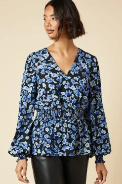 Tall Blue Floral V Neck Shirred Waist Blouse