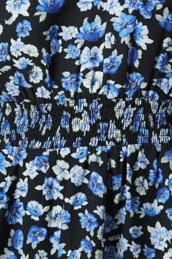 Tall Blue Floral V Neck Shirred Waist Blouse