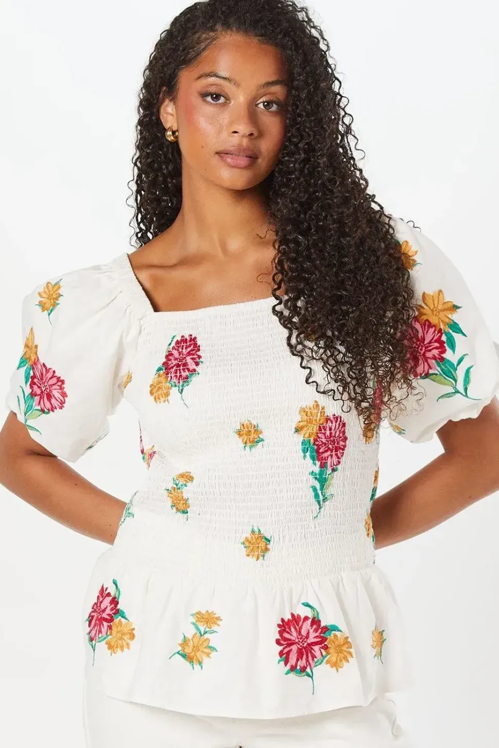 Tall Embroidered Shirred Bodice Blouse