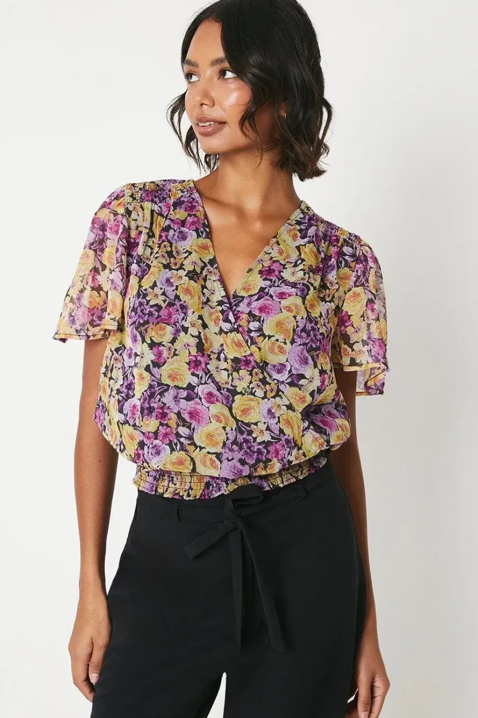 Tall Floral Chiffon Shirred Hem Wrap Blouse